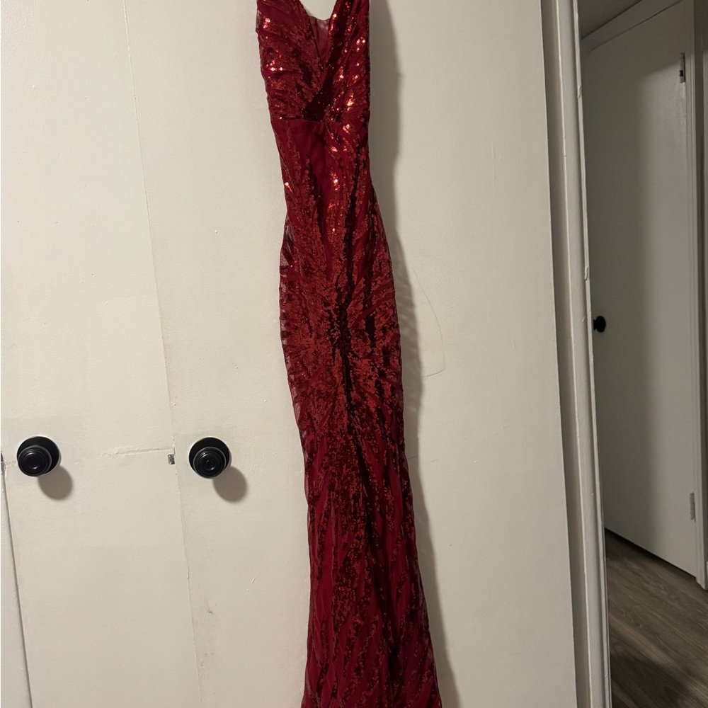 Fashion Nova Red Sequin Spaghetti Strap Prom Dress - Picture 3 of 3